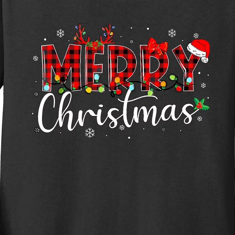 Merry Christmas Buffalo Plaid Red Santa Hat Xmas Pajamas Kids Long Sleeve Shirt