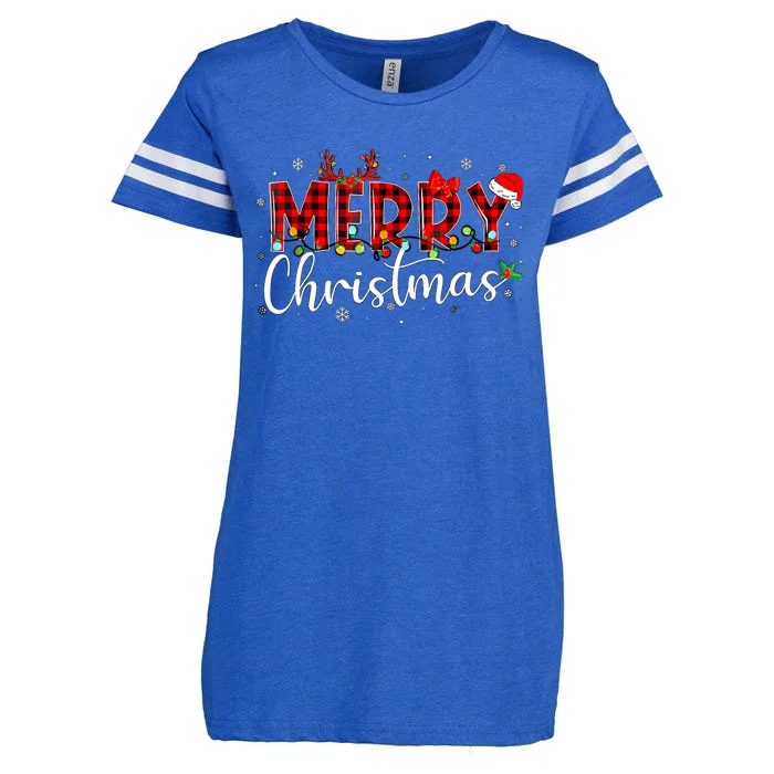 Merry Christmas Buffalo Plaid Red Santa Hat Xmas Pajamas Enza Ladies Jersey Football T-Shirt