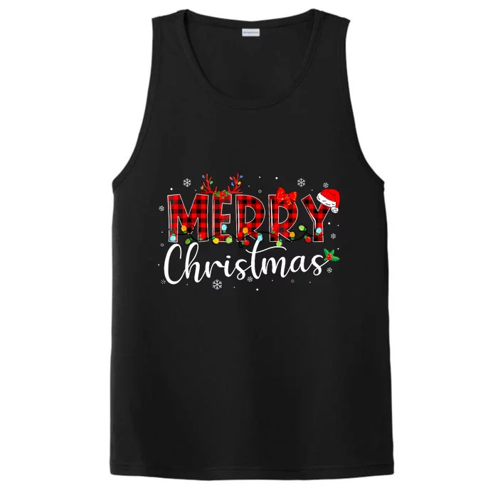 Merry Christmas Buffalo Plaid Red Santa Hat Xmas Pajamas Performance Tank