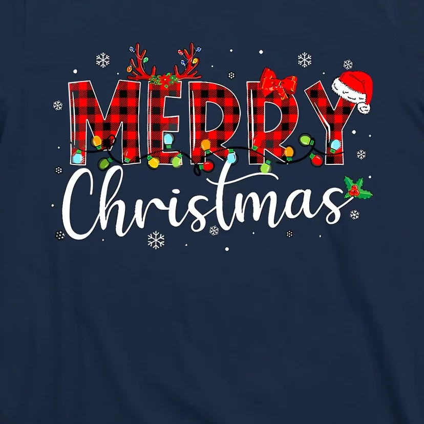 Merry Christmas Buffalo Plaid Red Santa Hat Xmas Pajamas T-Shirt