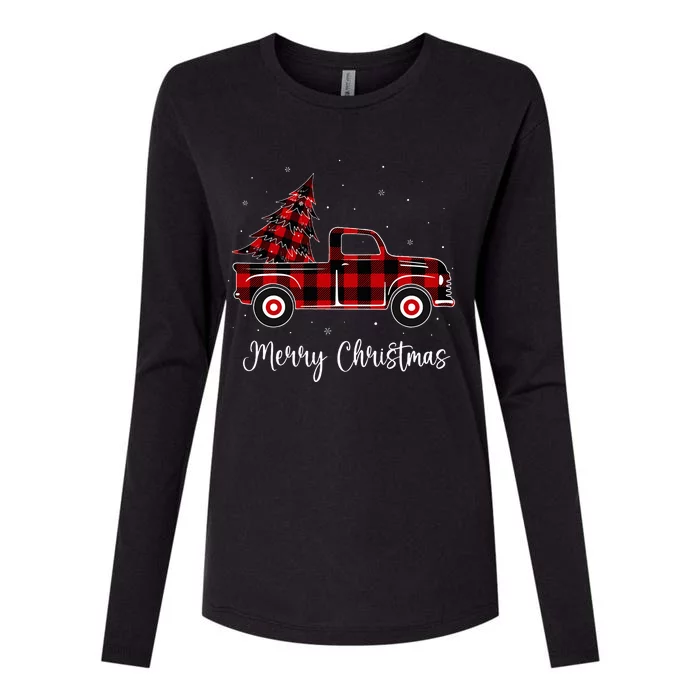 Merry Christmas Buffalo Red Plaid Truck Tree Womens Cotton Relaxed Long Sleeve T-Shirt