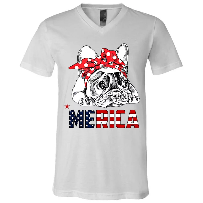 Merica Cute Bulldog 4th Of July V-Neck T-Shirt