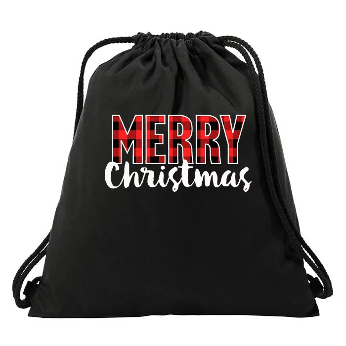 Merry Christmas Buffalo Plaid Red Santa Hat Xmas Pajamas Drawstring Bag