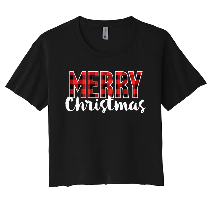 Merry Christmas Buffalo Plaid Red Santa Hat Xmas Pajamas Women's Crop Top Tee