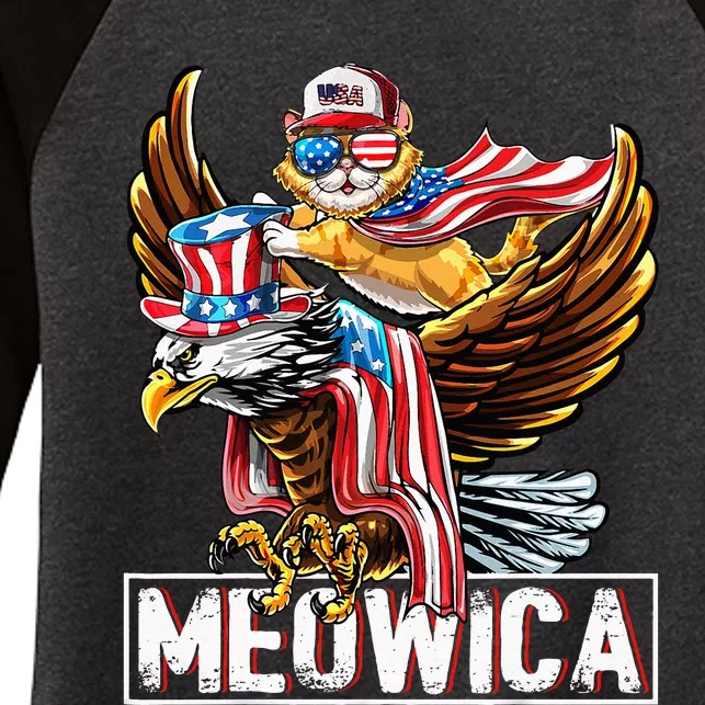 Meowica Cat Bald Eagle 4th Of July Patriotic American Flag Women's Tri-Blend 3/4-Sleeve Raglan Shirt