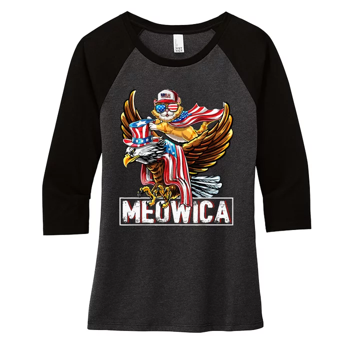 Meowica Cat Bald Eagle 4th Of July Patriotic American Flag Women's Tri-Blend 3/4-Sleeve Raglan Shirt