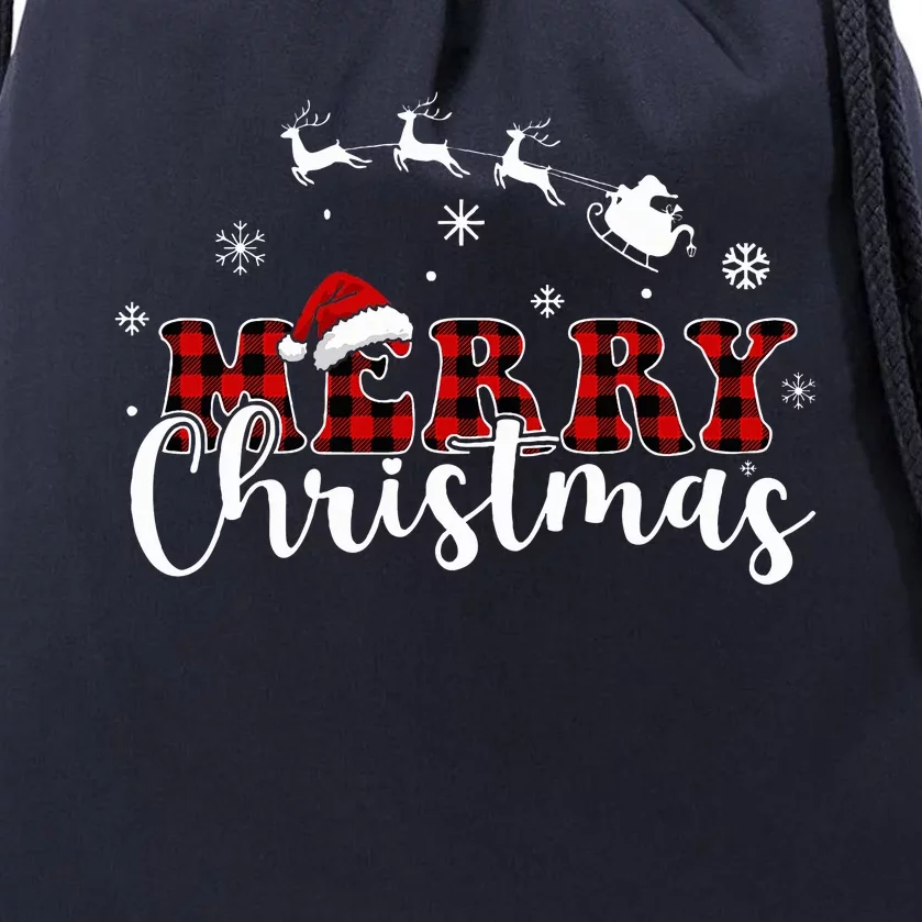 Merry Christmas Buffalo Plaid Red Santa Hat Xmas Pajamas Drawstring Bag