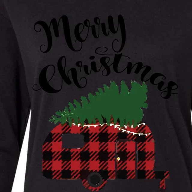 Merry Christmas Buffalo Plaid Camper Christmas Tree Gift Womens Cotton Relaxed Long Sleeve T-Shirt