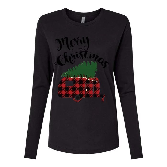 Merry Christmas Buffalo Plaid Camper Christmas Tree Gift Womens Cotton Relaxed Long Sleeve T-Shirt