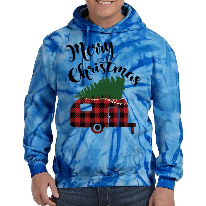 Merry Christmas Buffalo Plaid Camper Christmas Tree Gift Tie Dye Hoodie