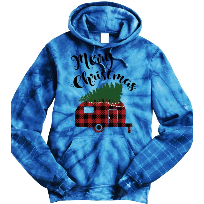 Merry Christmas Buffalo Plaid Camper Christmas Tree Gift Tie Dye Hoodie