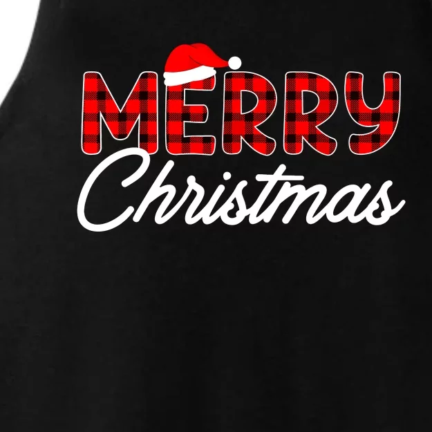 Merry Christmas Buffalo Plaid Red Santa Hat Xmas Pajamas Ladies Tri-Blend Wicking Tank