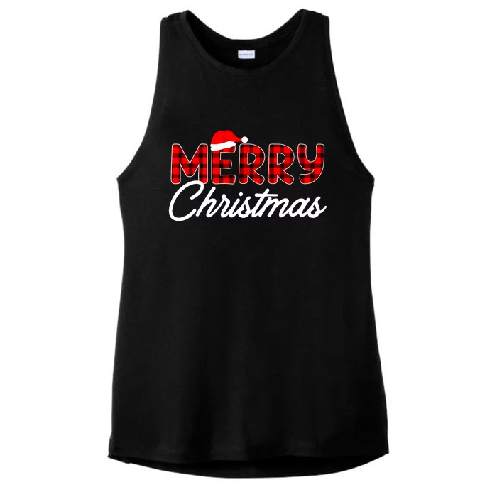 Merry Christmas Buffalo Plaid Red Santa Hat Xmas Pajamas Ladies Tri-Blend Wicking Tank