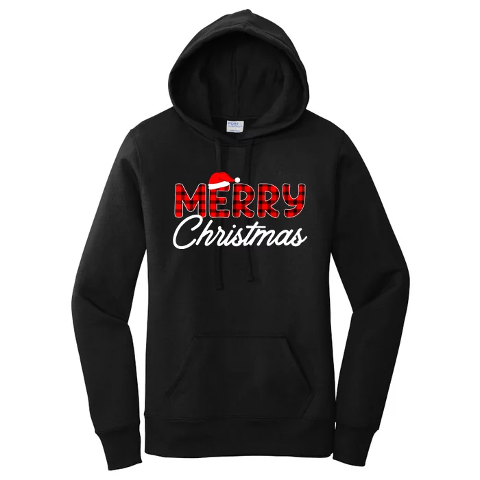 Merry Christmas Buffalo Plaid Red Santa Hat Xmas Pajamas Women's Pullover Hoodie