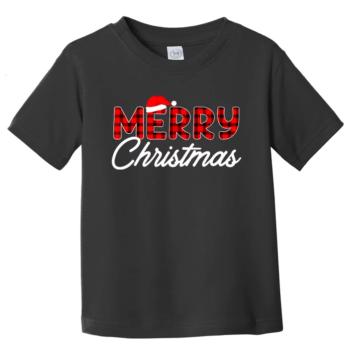 Merry Christmas Buffalo Plaid Red Santa Hat Xmas Pajamas Toddler T-Shirt