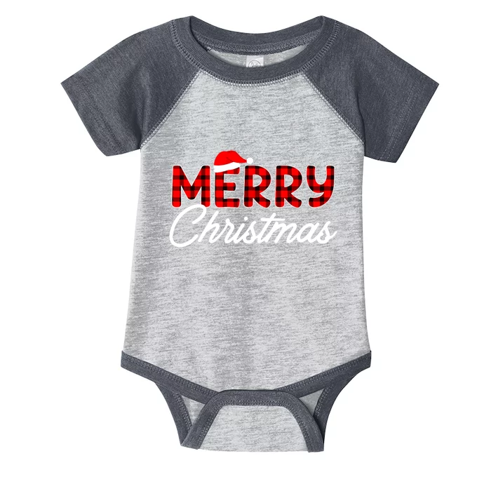 Merry Christmas Buffalo Plaid Red Santa Hat Xmas Pajamas Infant Baby Jersey Bodysuit