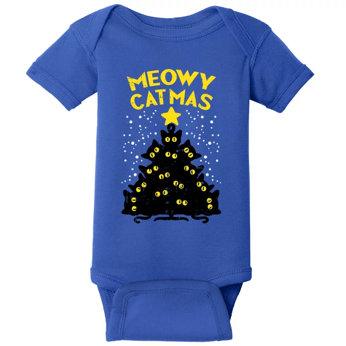 Meowy Catmas Black Cats Tree Funny Cat Owner Christmas Gift Baby Bodysuit