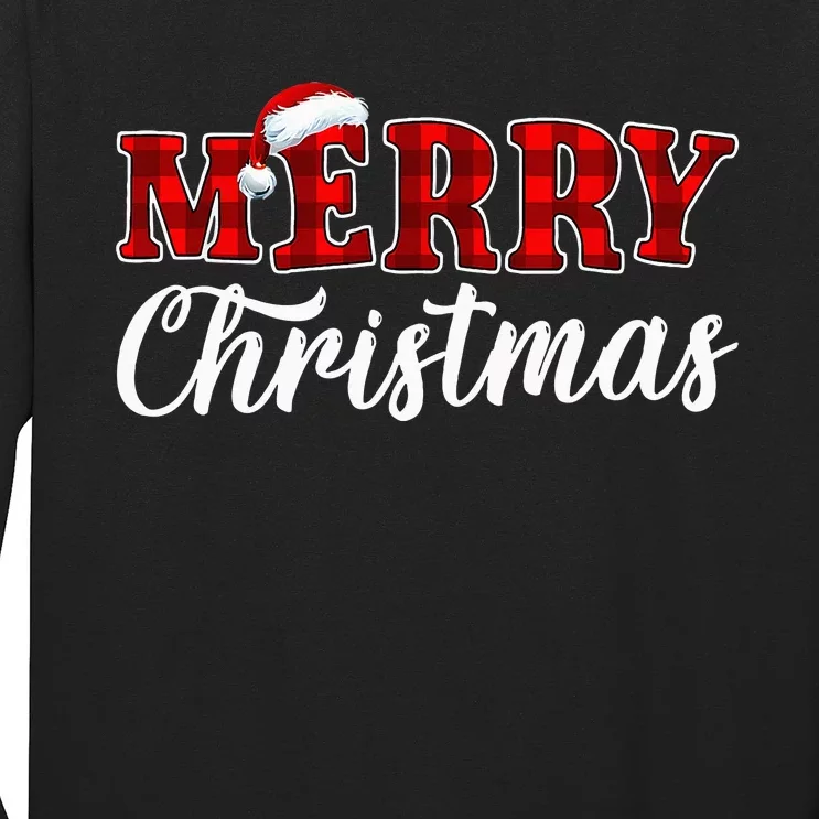 Merry Christmas Buffalo Plaid Red Santa Hat Xmas Pajamas Long Sleeve Shirt