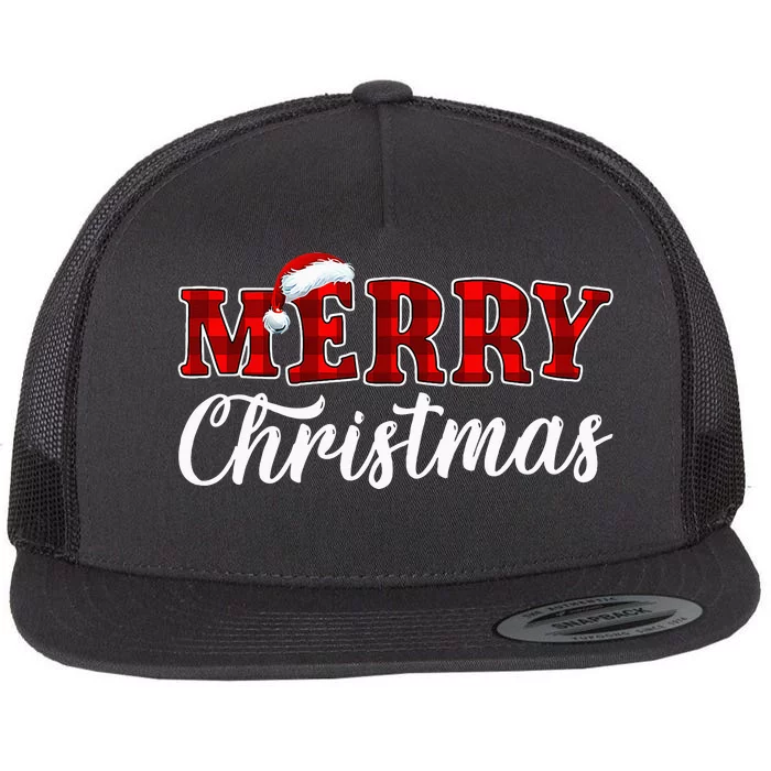 Merry Christmas Buffalo Plaid Red Santa Hat Xmas Pajamas Flat Bill Trucker Hat