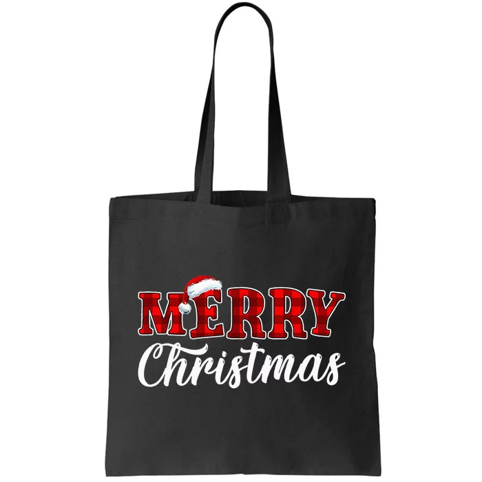 Merry Christmas Buffalo Plaid Red Santa Hat Xmas Pajamas Tote Bag