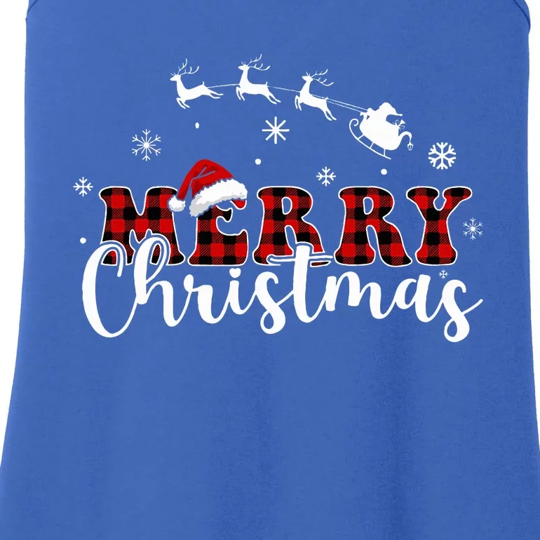 Merry Christmas Buffalo Plaid Red Santa Hat Xmas Pajamas Ladies Essential Tank