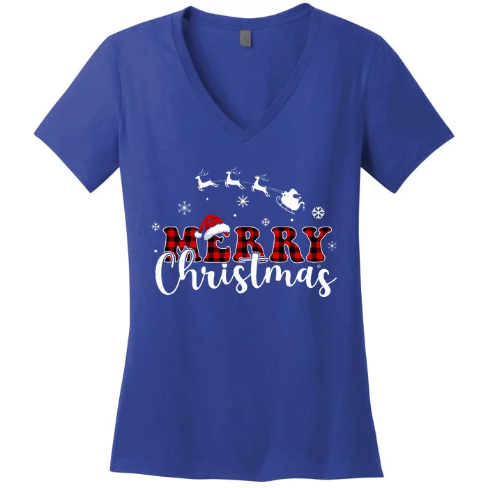 Merry Christmas Buffalo Plaid Red Santa Hat Xmas Pajamas Women's V-Neck T-Shirt