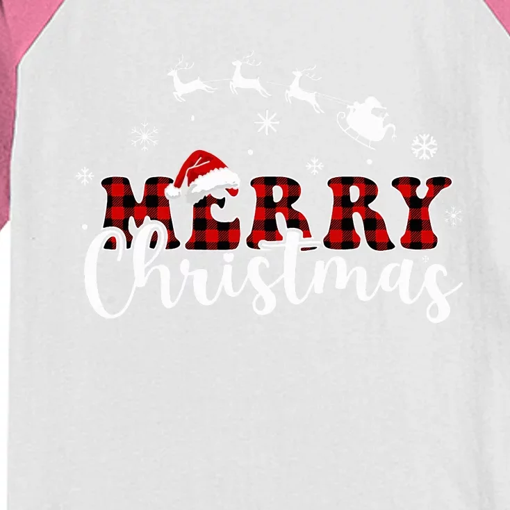 Merry Christmas Buffalo Plaid Red Santa Hat Xmas Pajamas Kids Colorblock Raglan Jersey