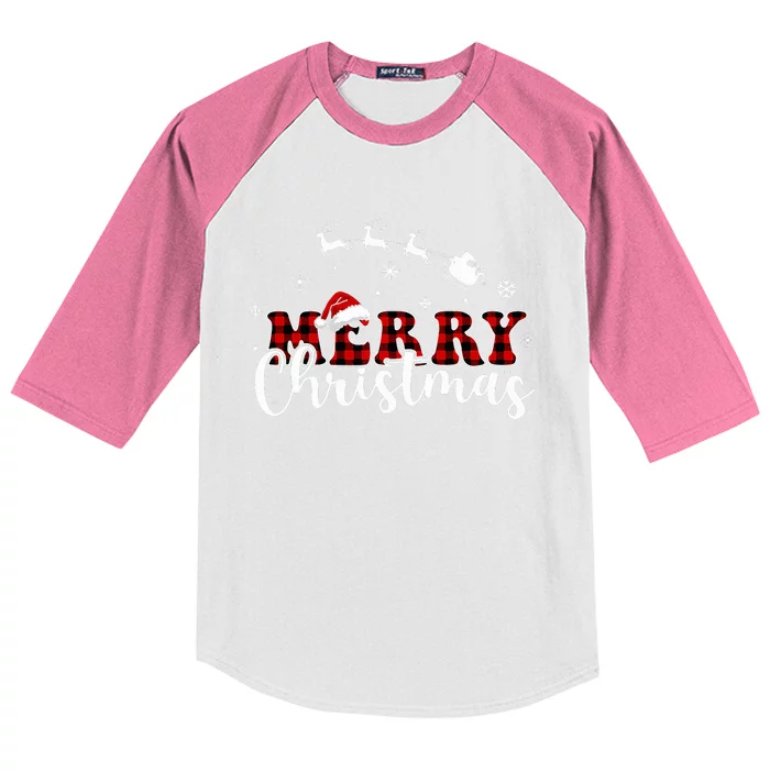 Merry Christmas Buffalo Plaid Red Santa Hat Xmas Pajamas Kids Colorblock Raglan Jersey