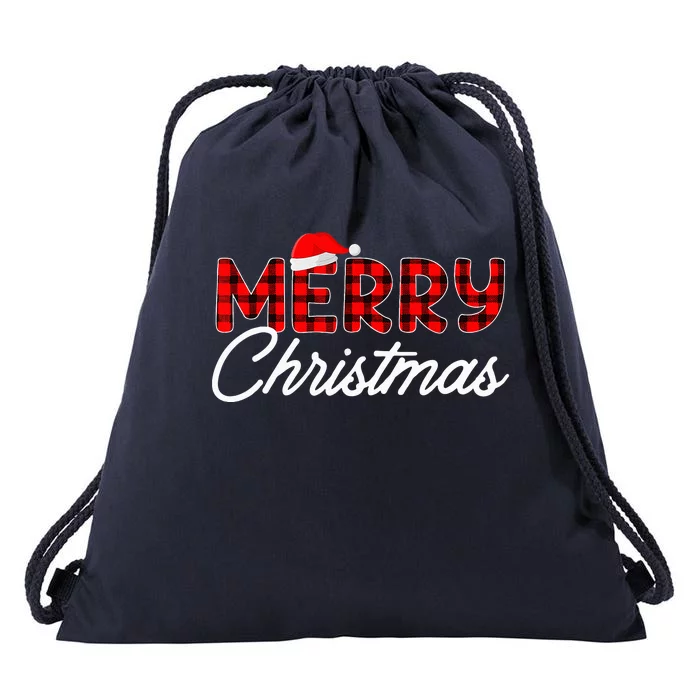 Merry Christmas Buffalo Plaid Red Santa Hat Xmas Pajamas Drawstring Bag