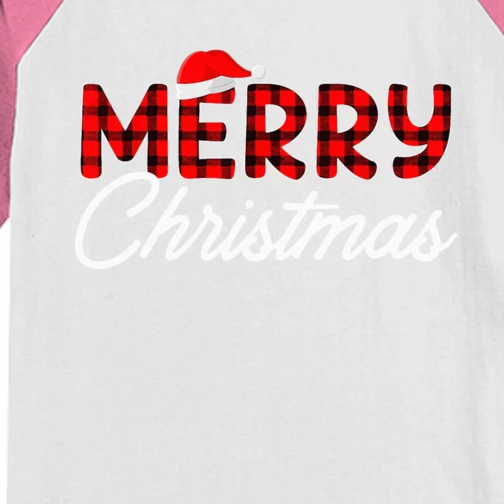 Merry Christmas Buffalo Plaid Red Santa Hat Xmas Pajamas Kids Colorblock Raglan Jersey