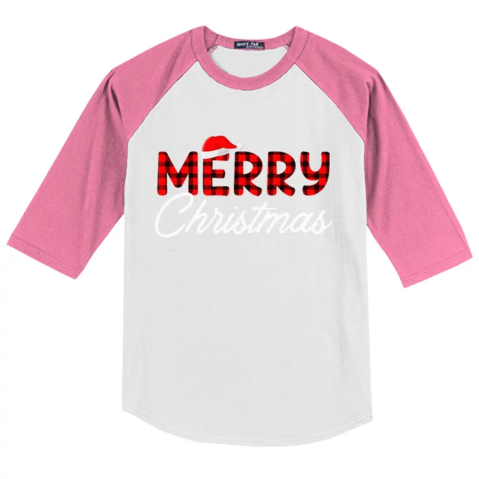 Merry Christmas Buffalo Plaid Red Santa Hat Xmas Pajamas Kids Colorblock Raglan Jersey