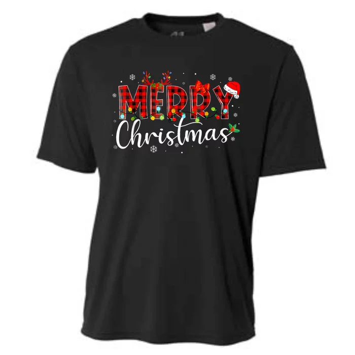 Merry Christmas Buffalo Plaid Red Santa Hat Xmas Pajamas Cooling Performance Crew T-Shirt