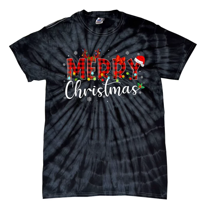 Merry Christmas Buffalo Plaid Red Santa Hat Xmas Pajamas Tie-Dye T-Shirt