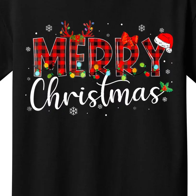 Merry Christmas Buffalo Plaid Red Santa Hat Xmas Pajamas Kids T-Shirt