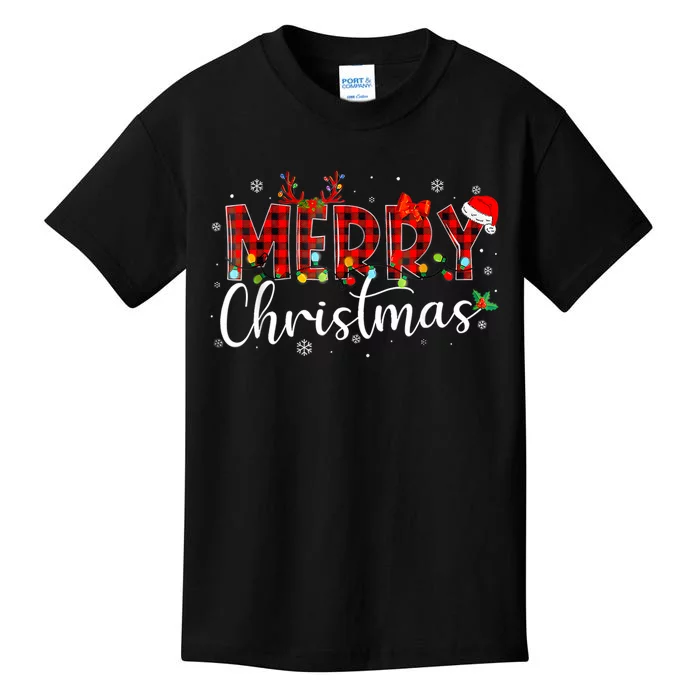 Merry Christmas Buffalo Plaid Red Santa Hat Xmas Pajamas Kids T-Shirt