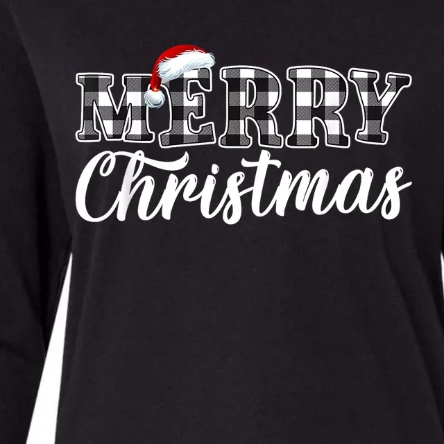 Merry Christmas Buffalo Plaid Black And White Santa Hat Xmas Womens Cotton Relaxed Long Sleeve T-Shirt