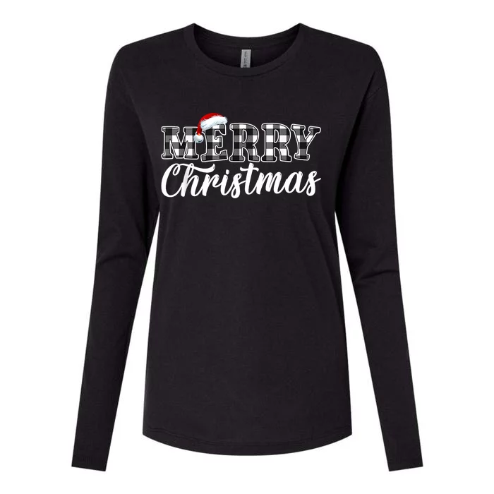 Merry Christmas Buffalo Plaid Black And White Santa Hat Xmas Womens Cotton Relaxed Long Sleeve T-Shirt