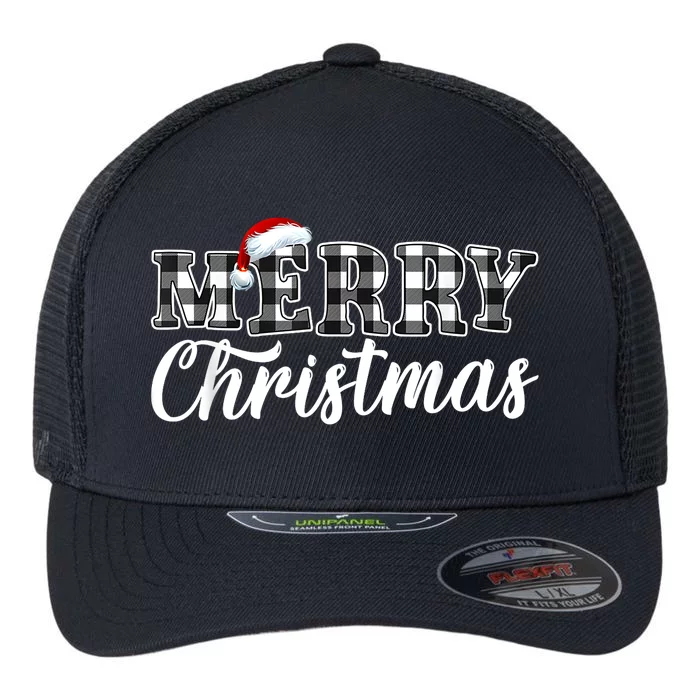 Merry Christmas Buffalo Plaid Black And White Santa Hat Xmas Flexfit Unipanel Trucker Cap