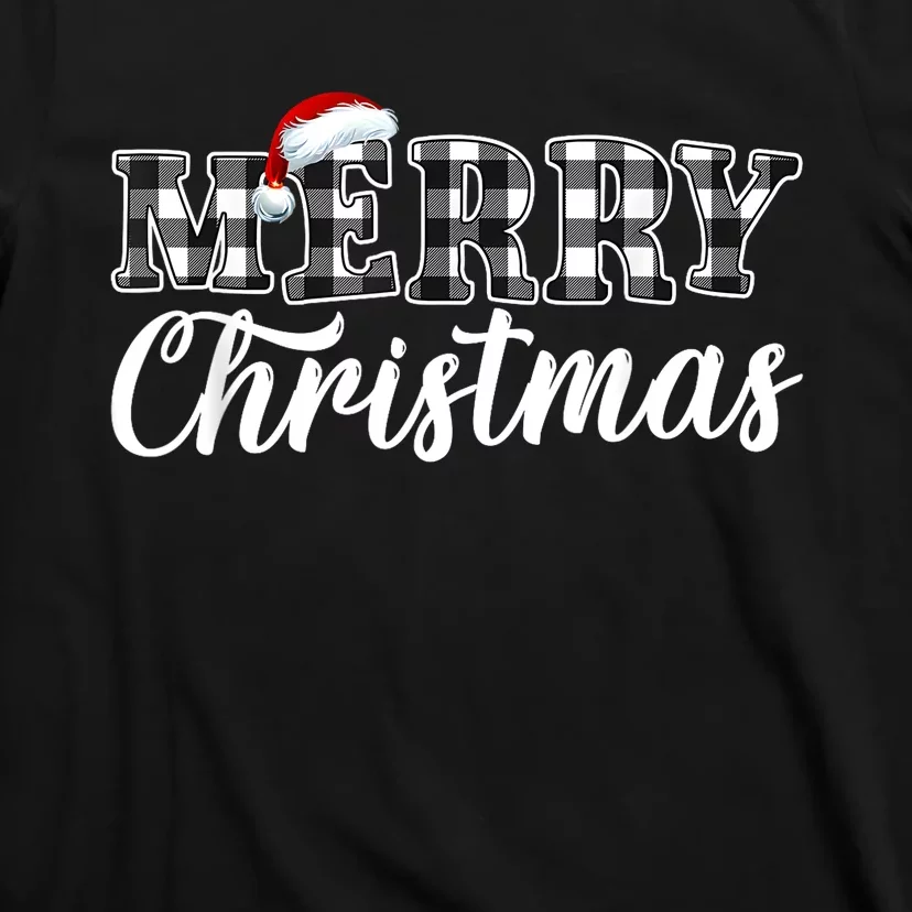 Merry Christmas Buffalo Plaid Black And White Santa Hat Xmas T-Shirt