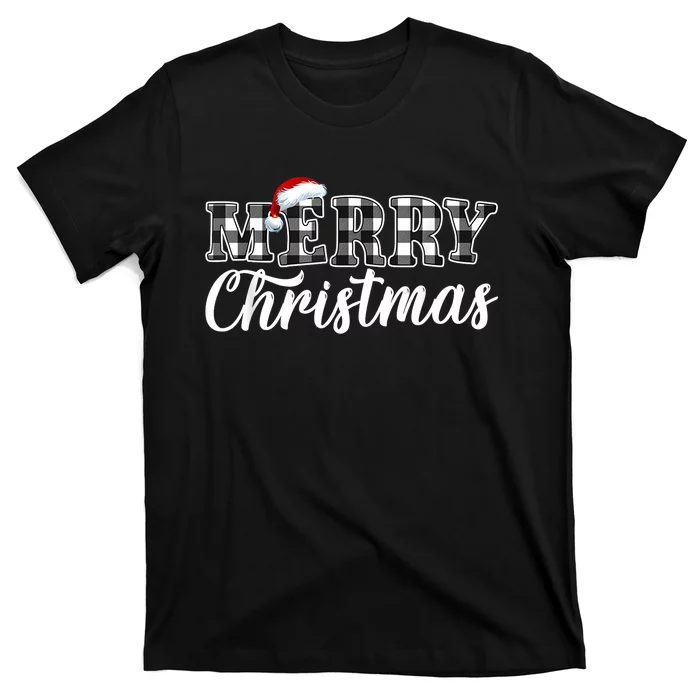 Merry Christmas Buffalo Plaid Black And White Santa Hat Xmas T-Shirt