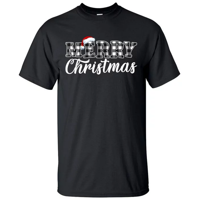 Merry Christmas Buffalo Plaid Black And White Santa Hat Xmas Tall T-Shirt