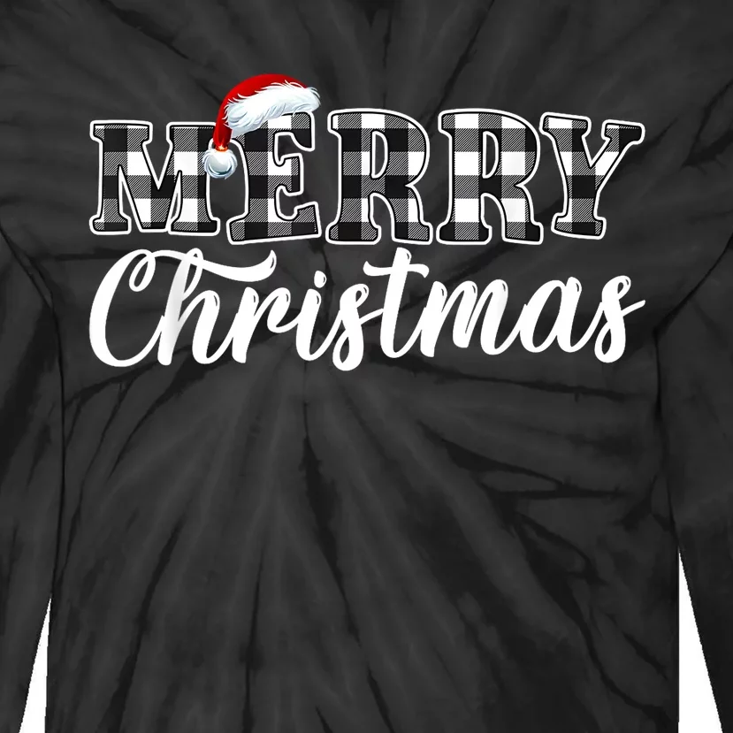 Merry Christmas Buffalo Plaid Black And White Santa Hat Xmas Tie-Dye Long Sleeve Shirt