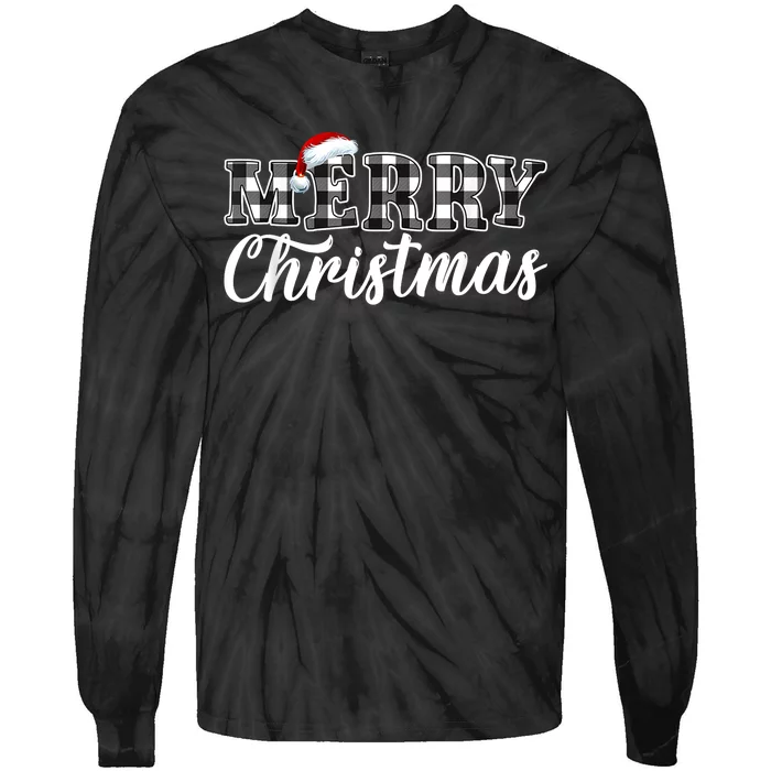 Merry Christmas Buffalo Plaid Black And White Santa Hat Xmas Tie-Dye Long Sleeve Shirt