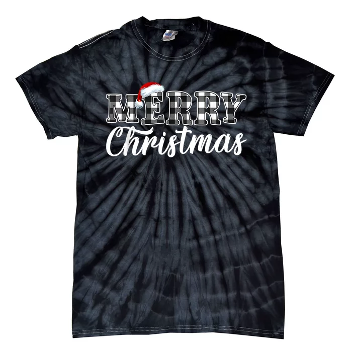 Merry Christmas Buffalo Plaid Black And White Santa Hat Xmas Tie-Dye T-Shirt