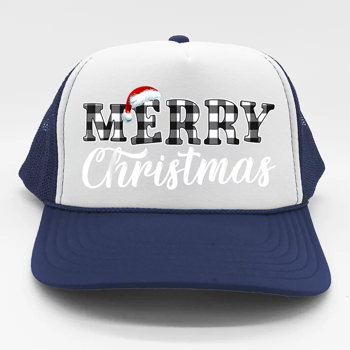 Merry Christmas Buffalo Plaid Black And White Santa Hat Xmas Trucker Hat