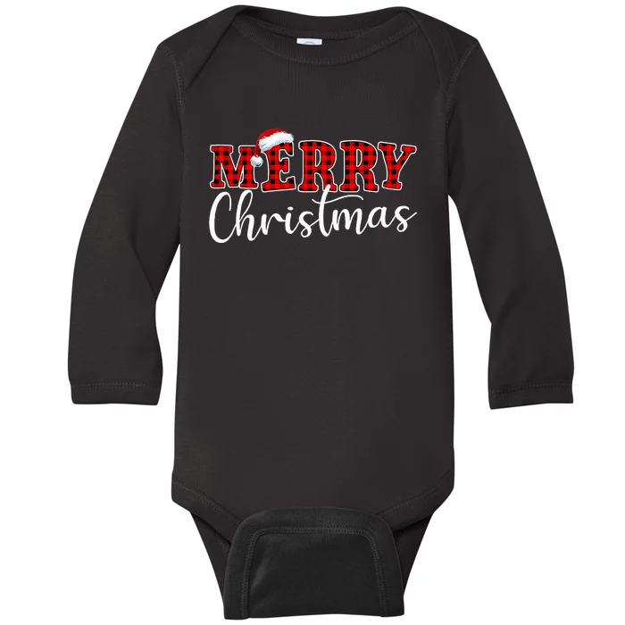 Merry Christmas Buffalo Plaid Red Santa Hat Xmas Pajamas Baby Long Sleeve Bodysuit