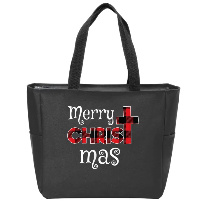 Merry Christmas Buffalo Plaid Zip Tote Bag