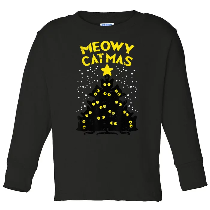 Meowy Catmas Black Cats Tree Funny Cat Owner Christmas Gift Toddler Long Sleeve Shirt