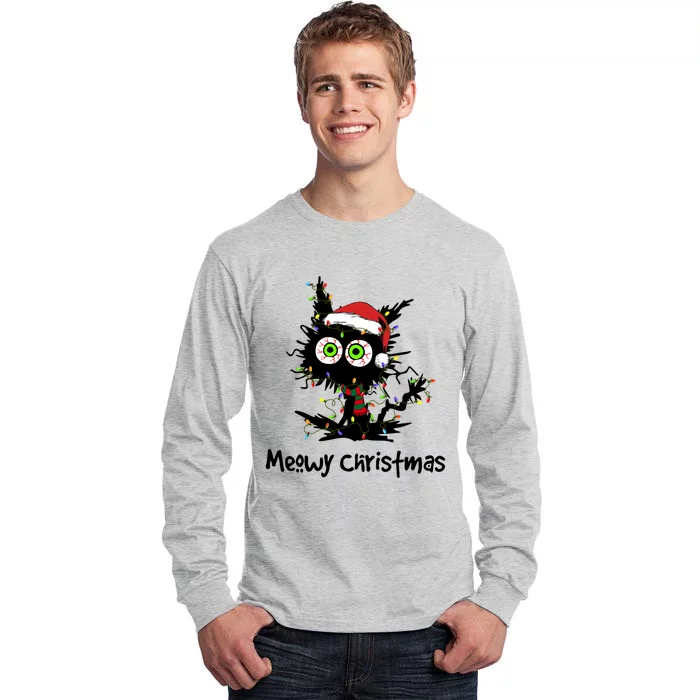 Meowy Christmas Black Cat Light Christmas Pajamas Funny Gift Tall Long Sleeve T-Shirt