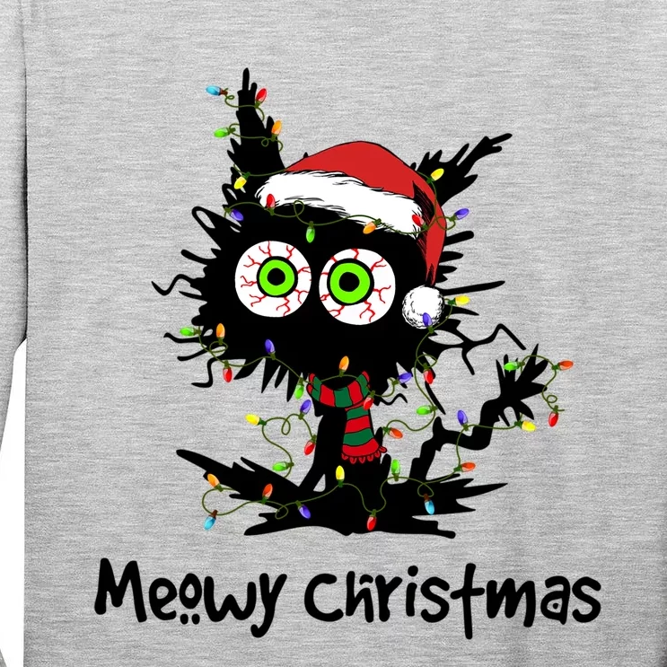 Meowy Christmas Black Cat Light Christmas Pajamas Funny Gift Tall Long Sleeve T-Shirt